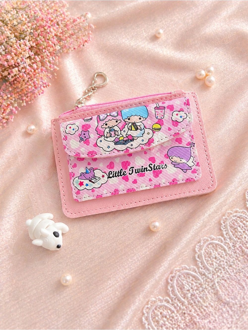 Sanrio Little Twin Stars Pastel Pink Card Wallet with bunny fidget toy